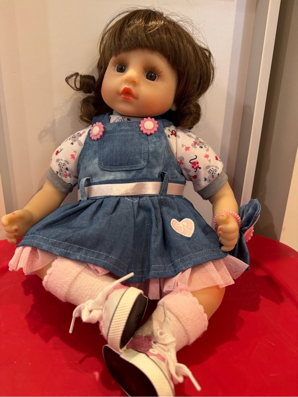 Reborn Doll- Blue Denim Dress Baby Doll with Pink Accents